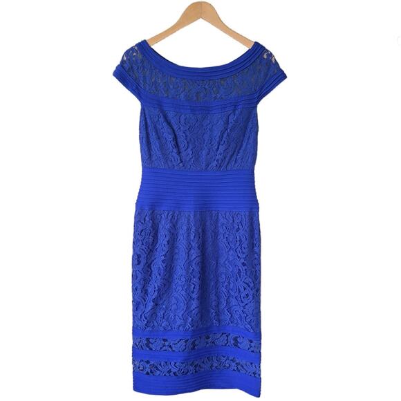 TADASHI SHOJI Blue Lace & Pintuck Bateau Neckline Sheath Dress Sz 10 Cocktail - Picture 9 of 11